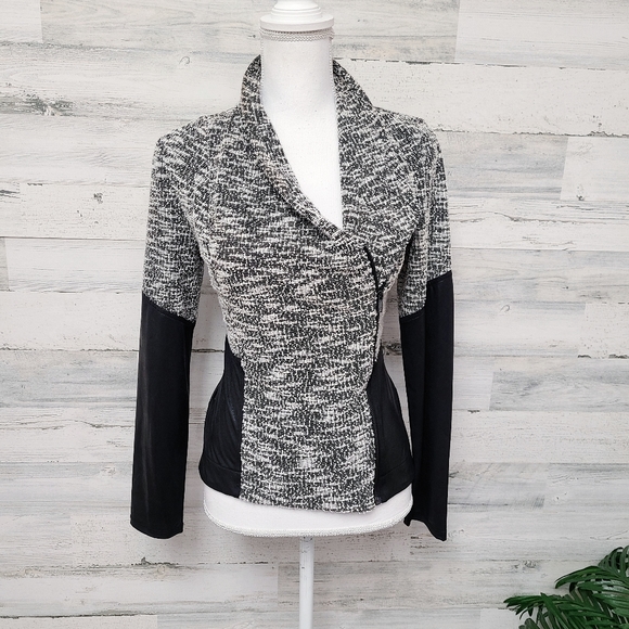 Jessica Simpson Tweed Knit and Faux Leather Lightweight Zip Jacket - Picture 2 of 6